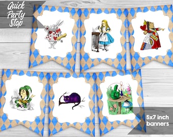 Alice in Wonderland Banner, Mad Hatter Bunting, Printable wonderland Banner, Pennant Banner, Vintage Alice Decoration, INSTANT DOWNLOAD