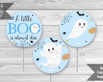 Little Boo Baby Shower Cupcake Toppers, Blue Printable 2 Inch Cupcake Toppers, Party Printables, Halloween Toppers, INSTANT DOWNLOAD