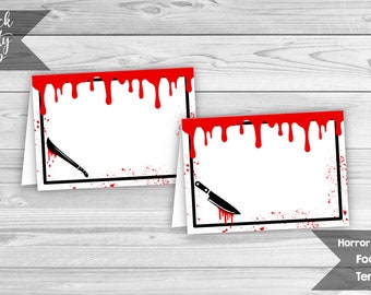 Horrorfilm-Geburtstag Bearbeitbare Essenszelte, Horrorfilm-Essensetiketten, Halloween-Geburtstag, Tatort-Buffet-Etikett, INSTANT DOWNLOAD