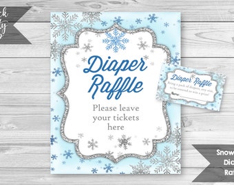 Signo y boletos para la rifa de pañales de copo de nieve, baby shower de invierno, inserto y letrero para la rifa de pañales, baby shower congelado, DESCARGA INSTANTÁNEA