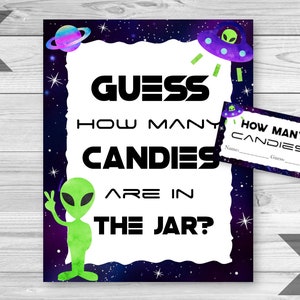 Alien Guess How Many Candies Sign and Tickets, Space Alien Birthday Party, UFO Party, Guessing Game, Candy Game, INSTANT DOWNLOAD