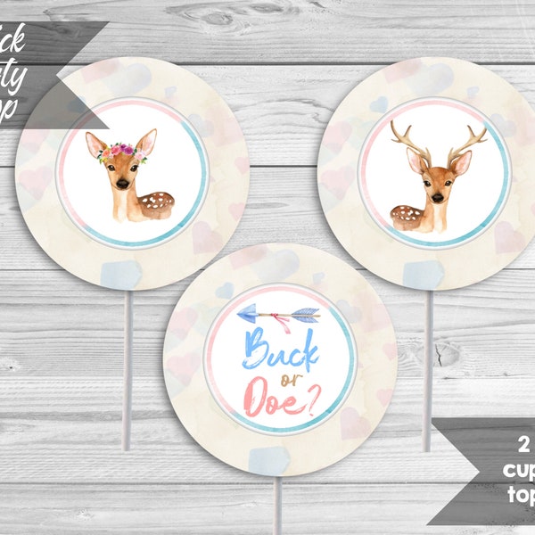 Buck or Doe Gender Reveal Cupcake Toppers, Woodland Toppers, Printable 2 Inch Cupcake Toppers, Do It Yourself Printable, INSTANT DOWNLOAD