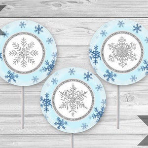 Blue Snowflake Cupcake Toppers, Printable 2 Inch Cupcake Toppers, Winter Party Printables, Frozen Toppers, INSTANT DOWNLOAD