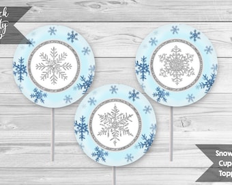 Blue Snowflake Cupcake Toppers, Printable 2 Inch Cupcake Toppers, Winter Party Printables, Frozen Toppers, INSTANT DOWNLOAD
