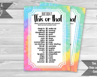 Tie Dye This or That Game, Rainbow Birthday Party, Printable Game Sheet, This or That Game, Tie Dye Name Game, INSTANT DOWNLOAD