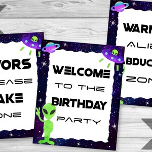 6 Alien Birthday Signs, UFO Space Party Signs, Alien Abduction Sign, Food Sign, Drinks Sign, Cards and Gifts Sign, INSTANT DOWNLOAD