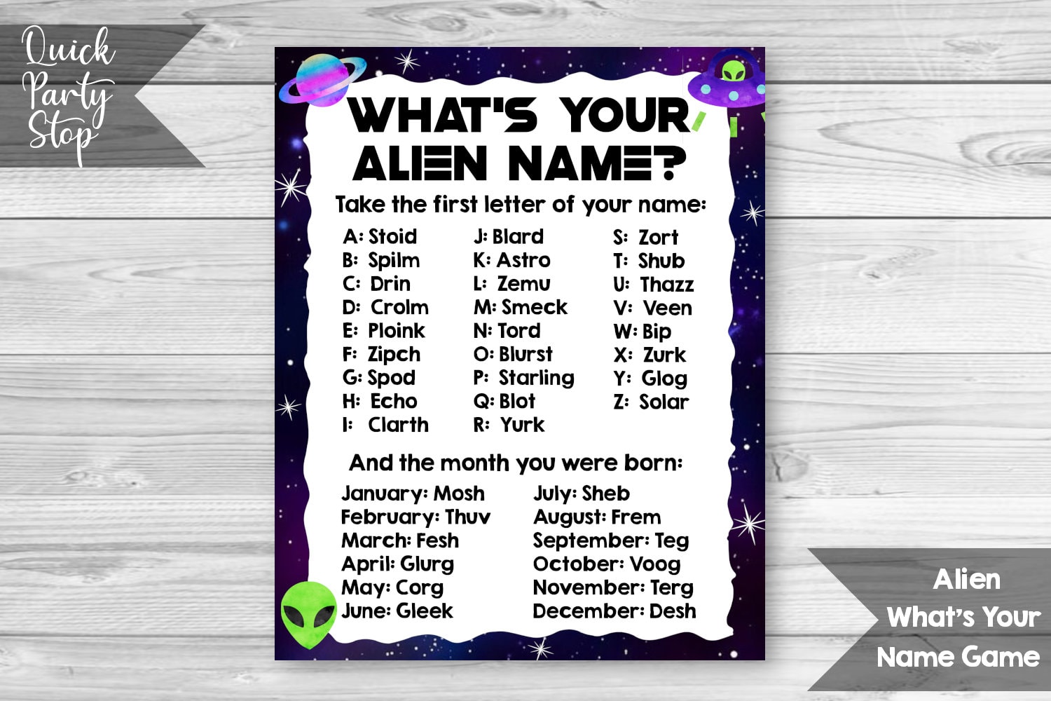 Alien Name Game, Space Birthday Party, Printable Game Sheet, What's Your Name Game, UFO Name Game, Birthday Party Game, INSTANT DOWNLOAD