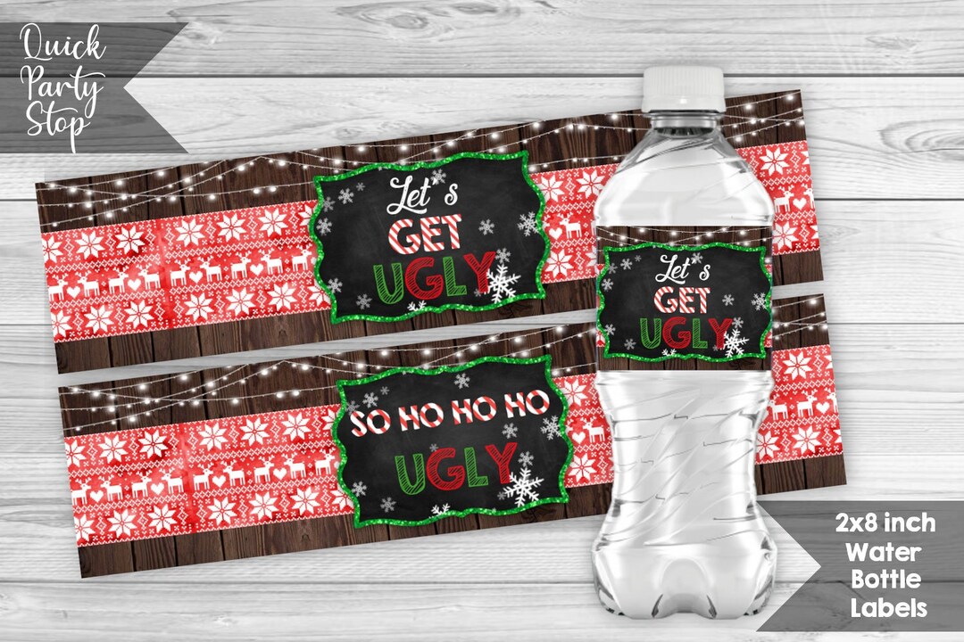 Ugly Sweater Water Bottle Labels, Christmas Party Wrappers, Tacky