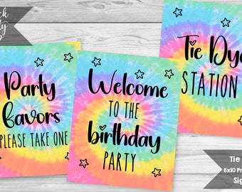 6 Tie Dye Birthday Signs, Rainbow Party Signs, Tie Dye Station Sign, Food Sign, Drinks Sign, Cards and Gifts Sign, INSTANT DOWNLOAD