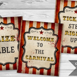 6 Creepy Carnival Birthday Signs, Vintage Circus Party Signs, Food Sign, Photo Booth Sign, Carnival Sign, Circus Sign, INSTANT DOWNLOAD