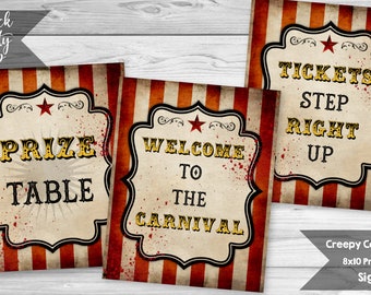 6 Creepy Carnival Birthday Signs, Vintage Circus Party Signs, Food Sign, Photo Booth Sign, Carnival Sign, Circus Sign, INSTANT DOWNLOAD