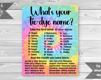 Tie Dye Game, Rainbow Birthday Party, Printable Game Sheet, What&#39;s Your Name Game, Tie Dye Name Game, Birthday Party Game, INSTANT DOWNLOAD