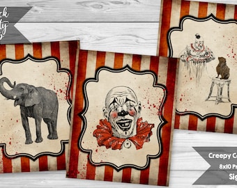6 Creepy Carnival Birthday Signs, Vintage Circus Party Signs, Clown Sign, Elephant Sign, Carnival Sign, Circus Sign, INSTANT DOWNLOAD