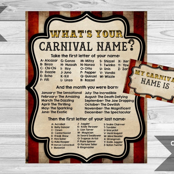 Creepy Carnival Name Game, Vintage Circus Birthday Party, Printable Game Sheet, What's Your Name Game, Freak Show Game, INSTANT DOWNLOAD