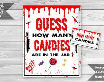 Horrorfilm Ratet mal, wie viele Bonbons Schild und Tickets, Scary Movie Geburtstagsparty, Halloween Party, Candy Game, SOFORTIGER DOWNLOAD