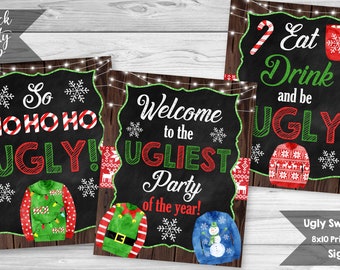 5 Ugly Sweater Signs, Christmas Party Signs, Tacky Sweater Sign, Eat, Drink and Be Ugly, Hot Chocolate Sign, INSTANT DOWNLOAD