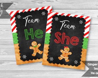 Gingerbread Team He and Team She Printable Signs, Gender Reveal Signs, Christmas Signs, 8"x10" Gender Reveal Decoration, INSTANT DOWNLOAD
