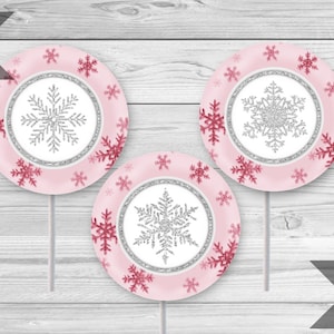 Pink Snowflake Cupcake Toppers, Printable 2 Inch Cupcake Toppers, Winter Party Printables, Frozen Toppers, INSTANT DOWNLOAD