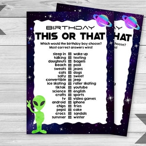 May include: A printable "This or That" game with a space theme. The game features a green alien and a list of questions for a birthday party. The questions are in black text on a dark blue background with stars and planets.