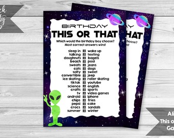 AlienThis or That Game, Space Birthday Party, Printable Game Sheet, This or That Game, Space Alien Game, UFO Party, INSTANT DOWNLOAD