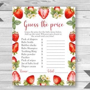 Strawberry Guess the Price Game, Strawberry Baby Shower, Printable Game Sheet,  Price is Right Game, Berry Sweet Shower, INSTANT DOWNLOAD