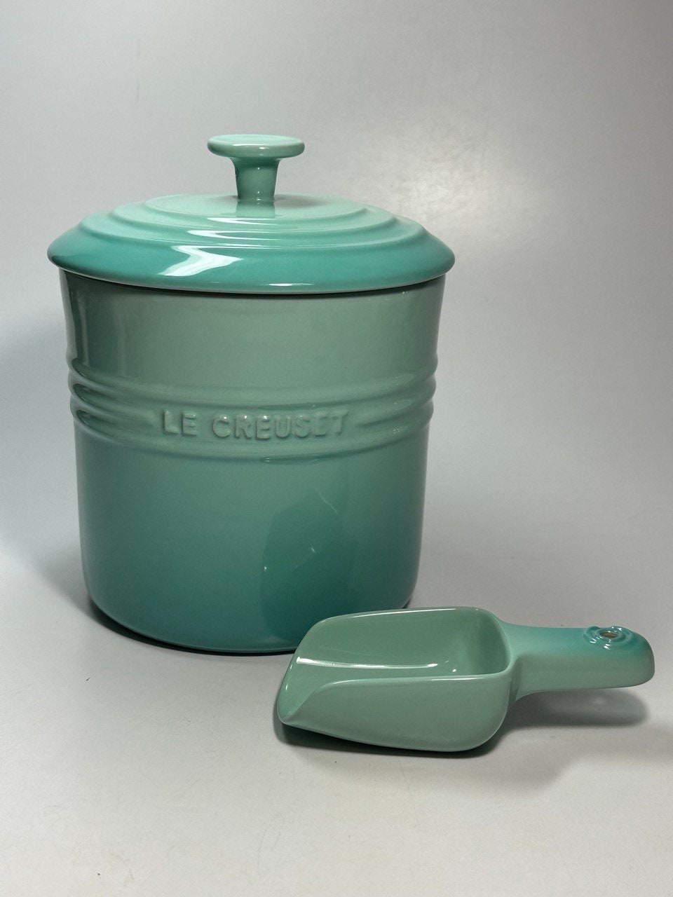 Le Creuset Stoneware Pet Food Container W/ Lid and Scoop cool Mint NWT
