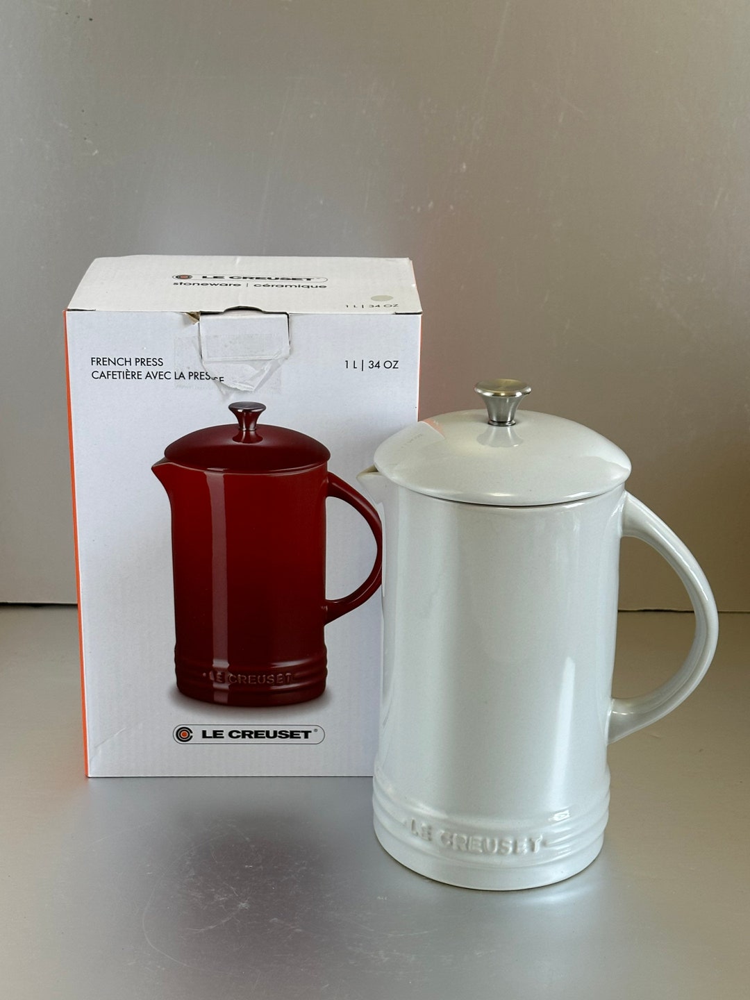 Le Creuset French Press Coffee Pot Coffee Maker Stoneware Vapeur White