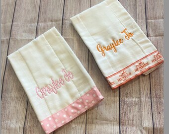 Embroidered personalized set of 2 burp cloths with name or monogram with designer ribbons