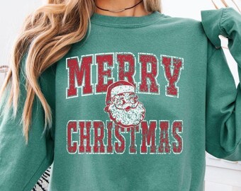 Merry Christmas Long Sleeve Shirt, Comfort Colors Santa Shirt, Oversized Womens Winter Shirt for Her, Retro Holiday Trendy Christmas Tshirt