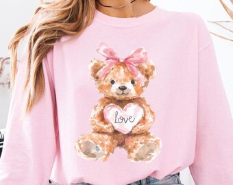 Bear Valentine Shirt Comfort Colors, Valentine's Day Women's Tee, Long Sleeve Bear Shirt, Coquette Valentine Bear Tee, Cute Valentine Shirt