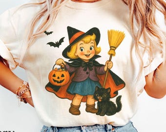 Comfort Colors Vintage Halloween Shirt, Cute Retro Halloween Shirts for Women, Jack-o-lantern Bats Black Cat T-shirt, Trick-or-treat Graphic