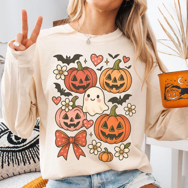 Camisa retro de Halloween Comfort Colors®, camisa de manga larga con estampado de calabaza floral, camisa coqueta de Halloween, blusa de fantasma adorable, camisa de temporada espeluznante, camiseta de otoño