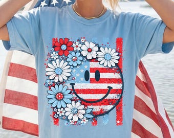 Comfort Colors Boho Floral Fourth of July Shirt, Womens 4th of July Shirt, Preppy Patriotic Tee, USA America Shirt, Flag Tshirt, Floral Flag