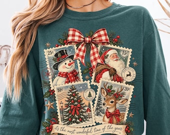 Comfort Colors® Retro Christmas Stamps Shirt, Long Sleeve Christmas Shirts for Women, Vintage Santa Clause Reindeer Christmas Tree Snowman