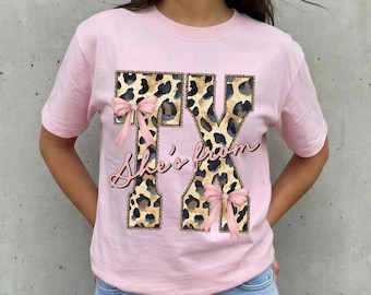 Texas Bow Shirt, Girly Texas Apparel, Texas Leopard Shirts, Trendy Texas Crewneck, Texas Girl, Texas Gifts for Women, Bella Canvas Texas