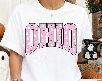 Comfort Colors® Ohio Halloween Shirt, Spooky Ohio Fall Tee, Cute Pink Halloween Bats Ghost Ohio T-shirt, OH Trick or Treat Apparel