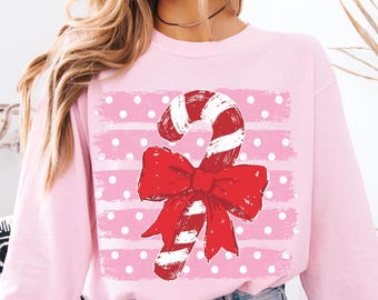 Comfort Colors® Retro Christmas Candy Cane Shirt, Long Sleeve Christmas Shirts for Women, Preppy Candy Cane Bow Stripes Shirt, Winter Gifts