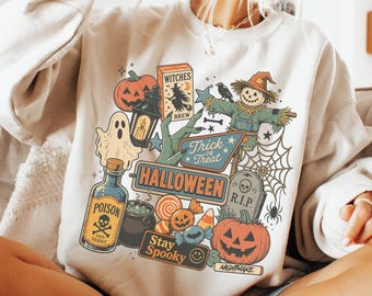 Vintage Halloween Sweatshirt, Retro Womens Halloween Shirt, Spooky Party Crewneck, Pumpkin Ghost Scarecrow Pullover, Halloween Graphic