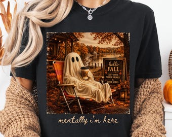 Comfort Colors® Mentally I'm Here Summerween Shirt, Fall Ghost Shirts, Trendy Halloween Lover Tshirt, Funny Fall Shirts, Vintage Halloween