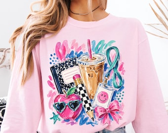Comfort Colors® Preppy Teacher Shirt, Long Sleeve Teacher Shirt, Watercolor Iced Coffee Tshirt, Trendy Teacher Tee, Back To School Gift