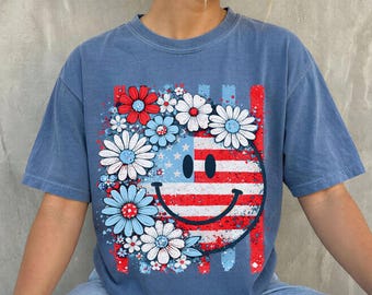 Comfort Colors Boho Floral Fourth of July Shirt, Womens 4th of July Shirt, Preppy Patriotic Tee, USA America Shirt, Flag Tshirt, Floral Flag