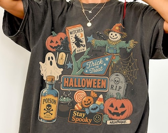 Vintage Halloween Comfort Colors® Shirt, Womens Halloween Shirt, Spooky Party Tee, Pumpkin Ghost Scarecrow Tshirt, Halloween Graphic Tee