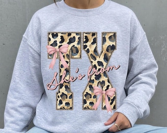 Texas Bow Sweatshirt, Girly Texas Apparel, Texas Leopard Shirts, Trendy Texas Crewneck, Texas Girl, Texas Gifts for Women