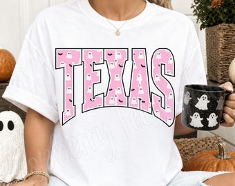 Comfort Colors® Texas Halloween Shirt, Spooky Texas Fall Tee, Cute Pink Halloween Bats Ghost Texas T-shirt, TX Trick or Treat Apparel