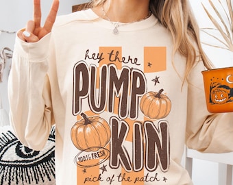 Hey There Pumpkin Comfort Colors® Long Sleeve Shirt,  Women's Fall Shirts, Trendy Fall Shirt for Women, Pumpkin Season Shirt, Pumpkin Patch