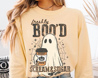 Comfort Colors® Halloween Coffee Long Sleeve Shirt, Freshly Boo’d Coffee Shirt, Cute Ghost Shirt, Scream and Sugar, Fall Coffee Lover Gift