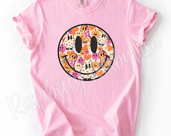 Comfort Colors® Halloween Smile Face Shirt, Spooky Season Trick or Treat Tshirt, Pink Pumpkin Ghost Tee, Trendy Women's Halloween T-shirt