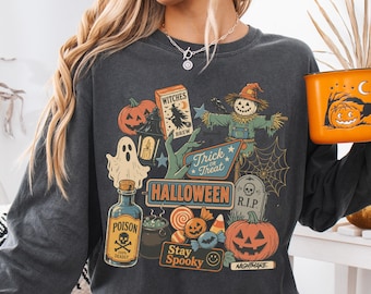 Vintage Halloween Comfort Colors® Shirt, Womens Long Sleeve Halloween Shirt, Spooky Party Tee, Halloween Graphic Tshirt, Scarecrow Pumpkin