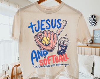 Comfort Colors® Jesus and Softball Crop Shirt, Trendy Christian Softball Game Doodle Shirt, Jesus Faith Game Tee, Softball Mom Shirt