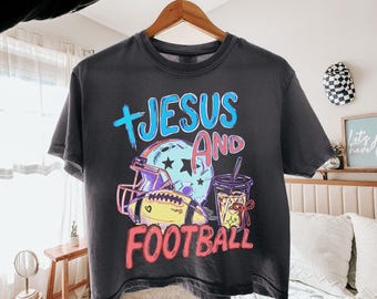 Comfort Colors® Jesus and Football Crop Shirt, Trendy Christian Football Game Doodle Shirt, Jesus Faith Game Tee, Football Mom Shirt